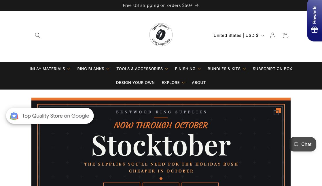 Homepage screenshot of Bentwood Ring Supplies